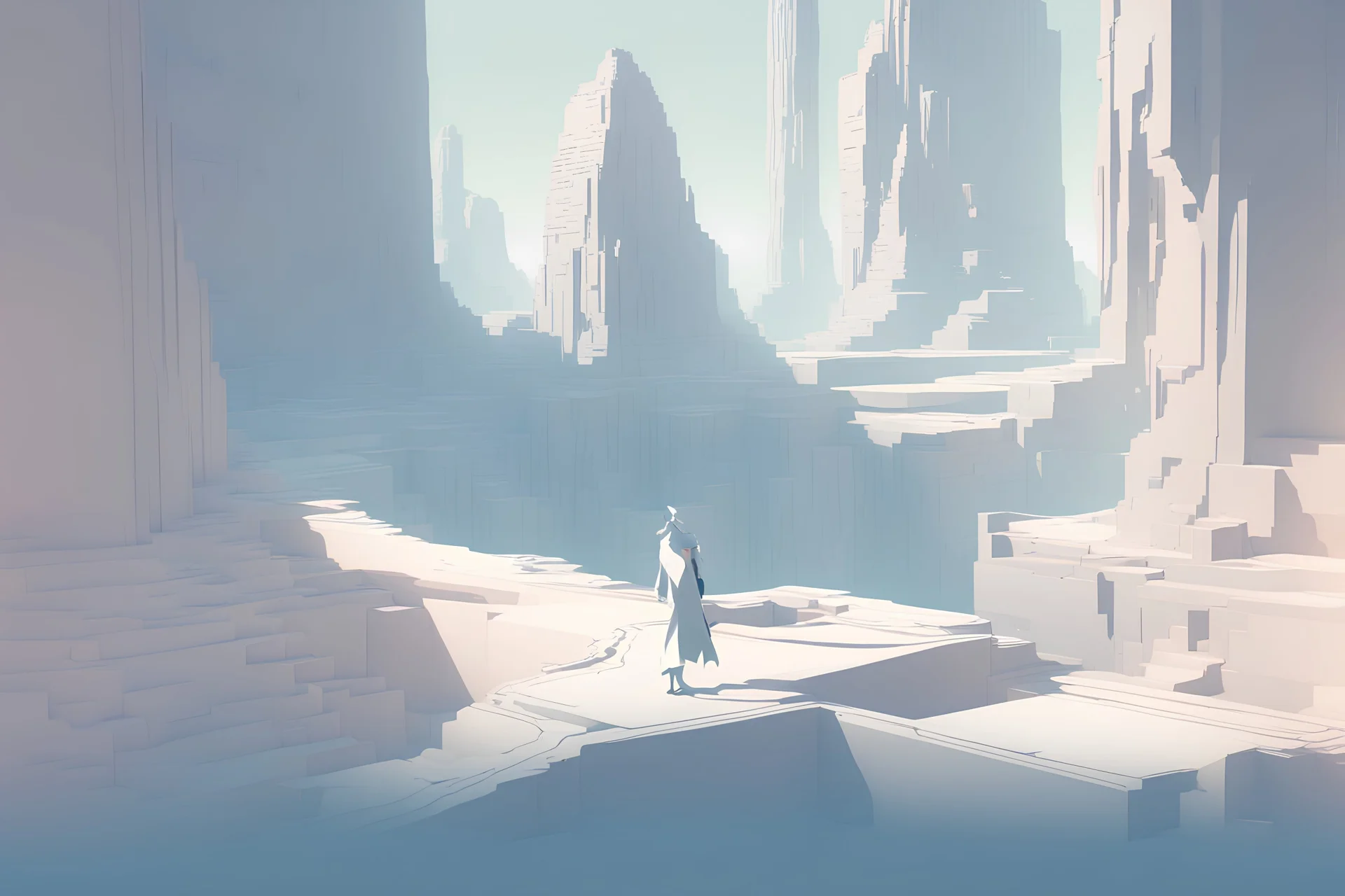 manifold garden; monument valley; two people walking sideways on a wall dressed in white