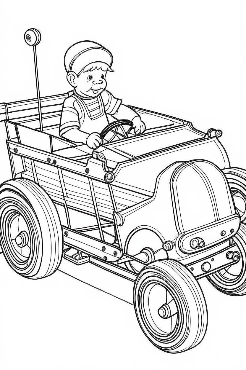 Outline art for coloring page OF A 1943 PULL TOY IN A TOY BOX IN THE UNITED STATES, coloring page, white background, Sketch style, only use outline, clean line art, white background, no shadows, no shading, no color, clear