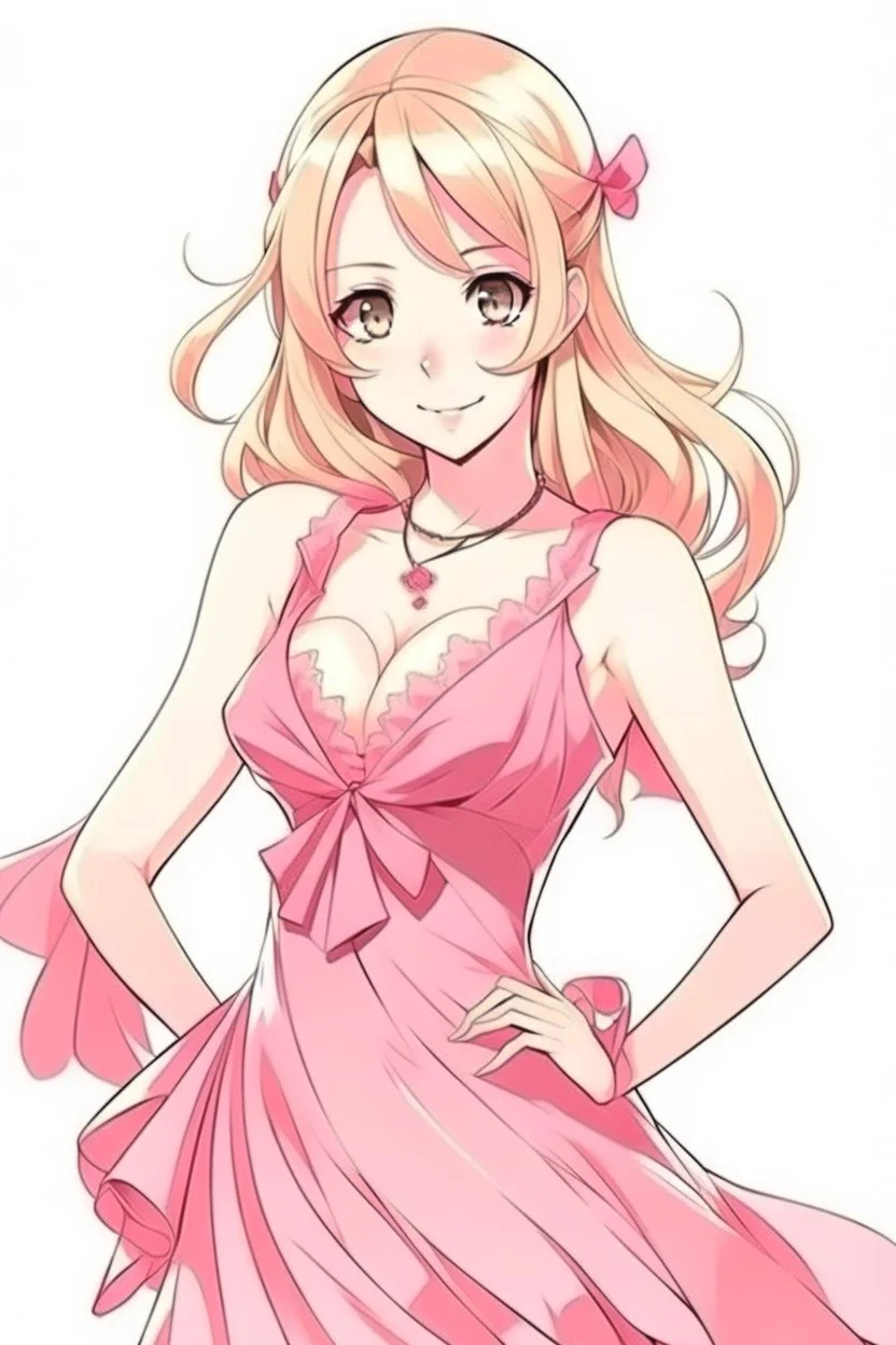 hot anime girl posing in pink dress and blonde hair