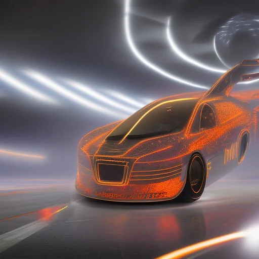 award winning car and driver photograph of a futuristic station wagon dirigible hybrid designed by only one vehicle per image painted metallic orange traveling at a high rate of speed, jet intake off of front center of vehicle and jet exhaust out the rear with bright blue flame, bilaterally symetrical, more a high speed road vehicle