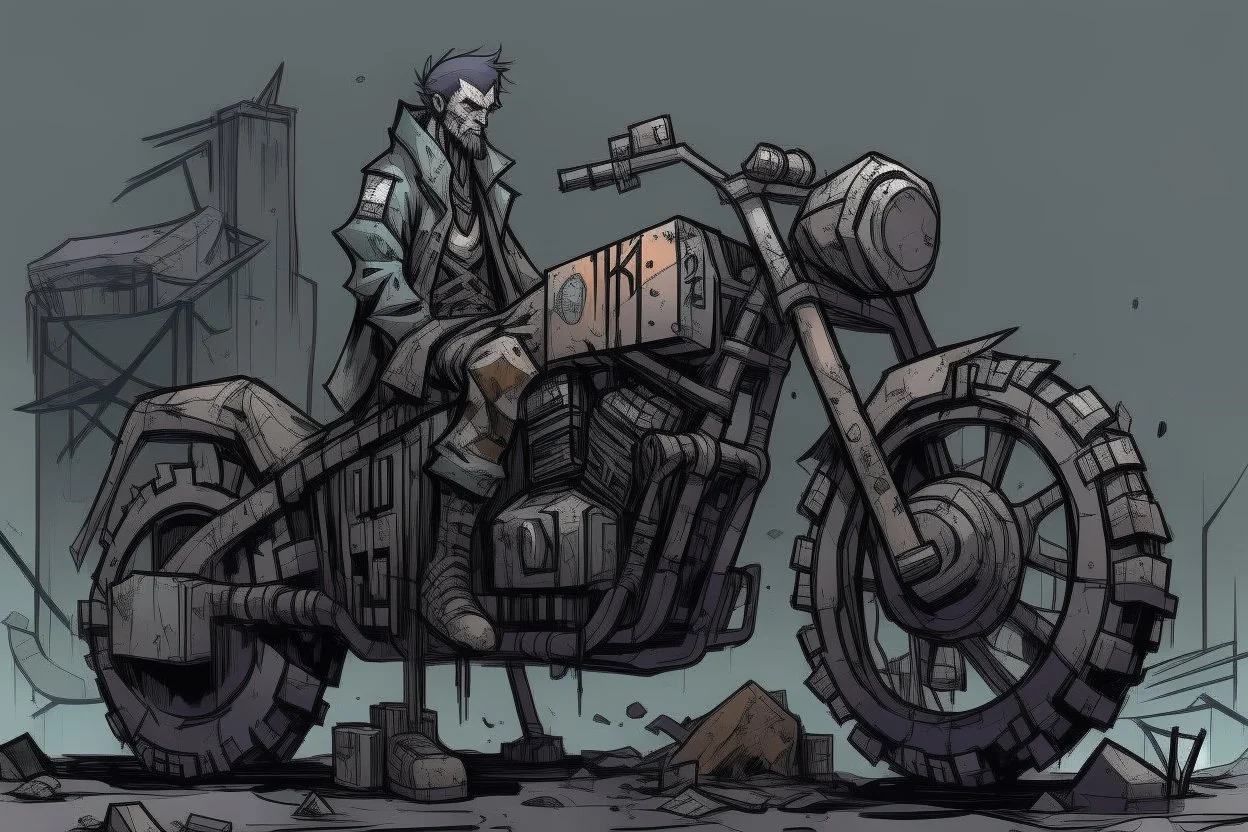 motorcycle, comic book,post-apocalypse, gray background,