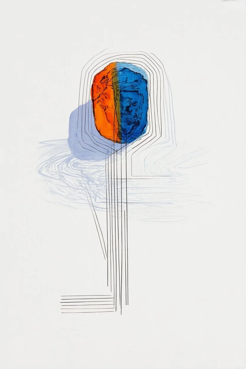 Reprezentare grafica minimal art a unei compozitii de arta moderna figurativa reprezentand o tema piatra solara maya, formalizata dupa modelul mixat a lui Dali cu Picasso în stilul combinat acuarelei moale a lui Joan Miro si cu filigran lineart minimal a lui Jean Cocteau cu Paleta de culori impresionista cu culori putine si tari. Fond alb si linii color subtiri si paralele cu umbre de hasuri