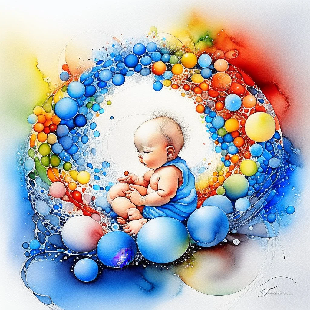Inspiration from Nomeradona On Playground Life begins. Quantum Serenity: A watercolor depiction of the conception of a baby, illustrating the interplay of microscopic quantum particles and DNA at the molecular level, embodying calmness in action.”