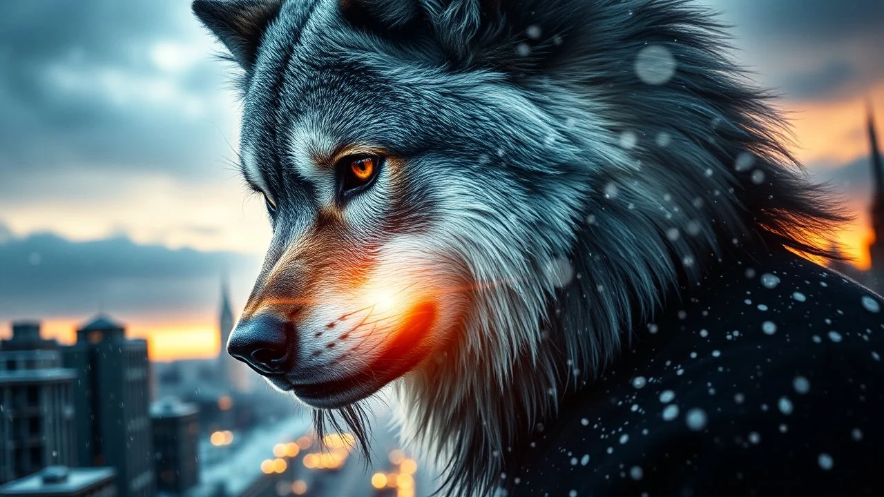 double exposure, Wolf Man, man, city, sunset, gouache, snow, rain, fantasy, mystical, tattoo, vertical pupils, high detail, high resolution, 8K