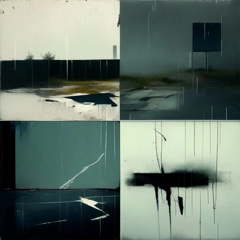 Minimal abstract oil paintings desolate 1960s carpark concrete fragments in a rain storm. style of Justin Mortimer and Francis Bacon. road markings.