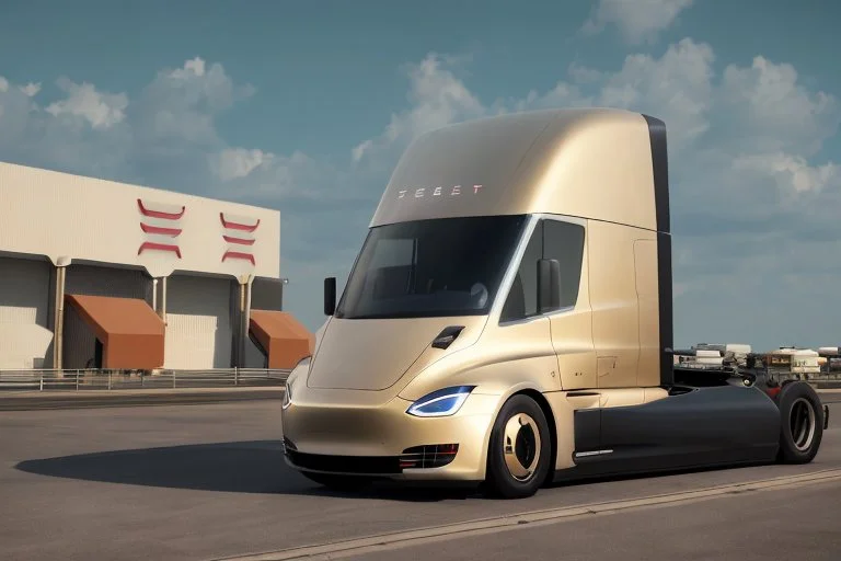 A Tesla 'Semi' (semi truck) is parked, in the 'Kennedy Space Center' in Florida. (CINEMATIC, WIDE ANGLE LENS, PHOTO REAL)