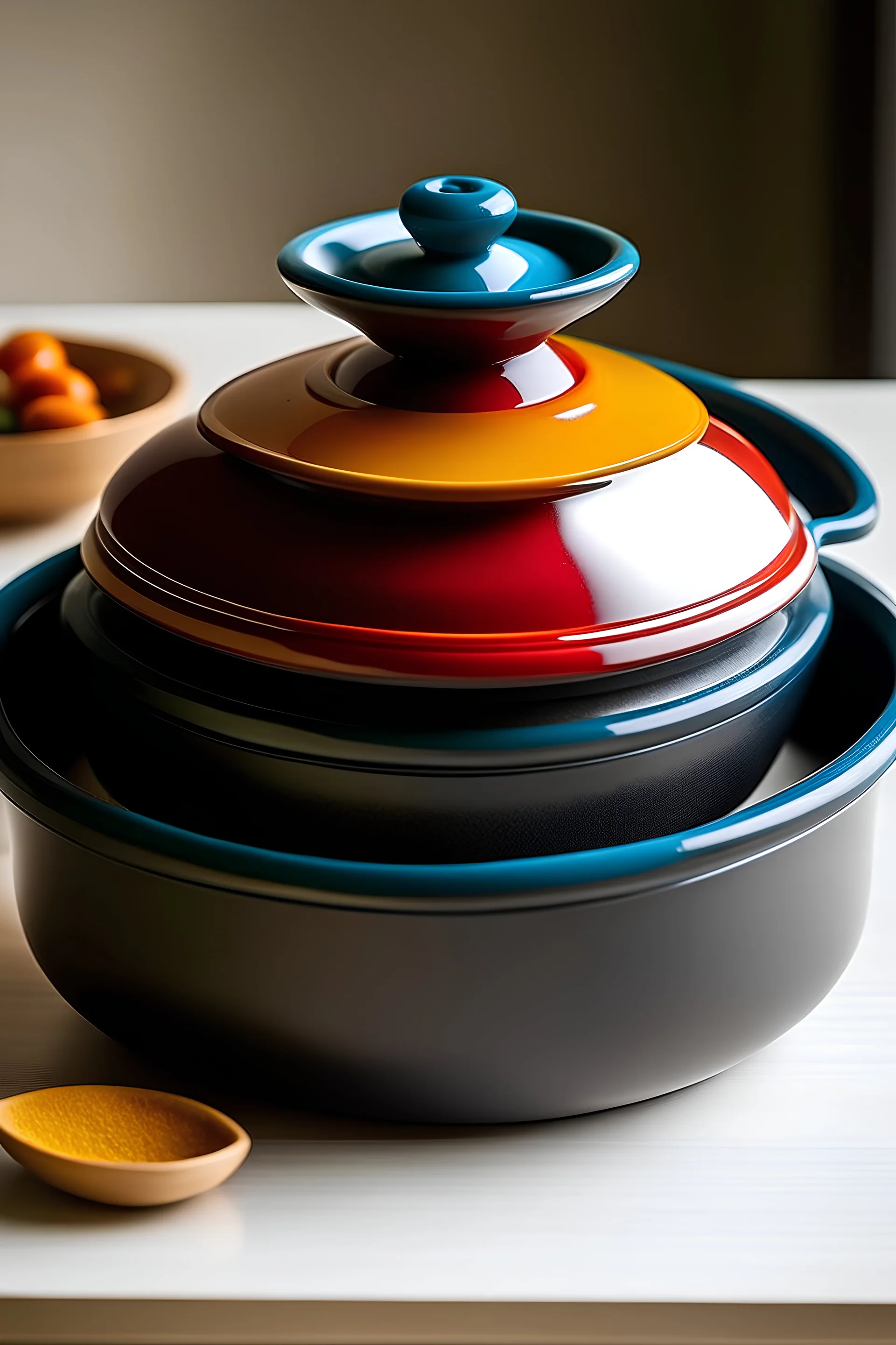 crea un tajine doppio uno sopra l'altro in ghisa colorata smaltata di design semplice ed essenziale, less is more