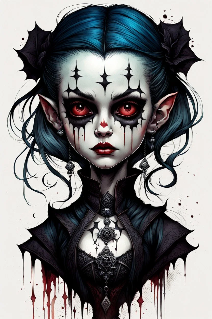 create a highly ethereal, darkly magical full body portrait illustration of a malevolent goth vampire girl , with highly detailed and deeply cut facial features, in the the style of JEAN-BAPTISTE MONGE, searing lines and forceful strokes, precisely drawn, boldly inked, with vibrant colors