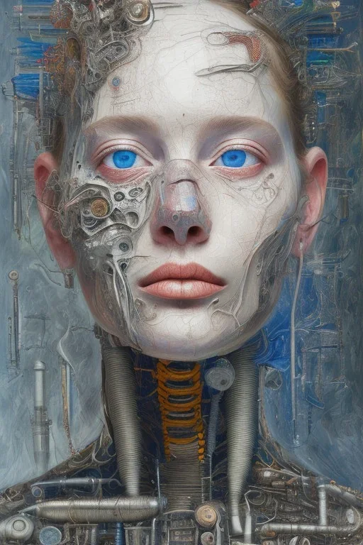 an abstract painting uma fridman, by anselm kiefer and lucian freud, mixed media, textured, anatomically correct, beautiful perfect face, blue eyes, sharp focus, highly detailed, cyberpunk