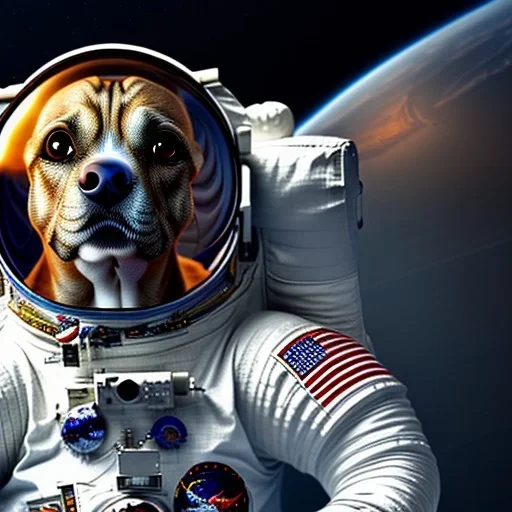 An illustration of a dog in full astronaut space suit,on a crazy planet, detailed, dark background,rendered by octane,Norman Rockwell, Robert williams,fantasy, scientific illustration,underground art, lowbrow