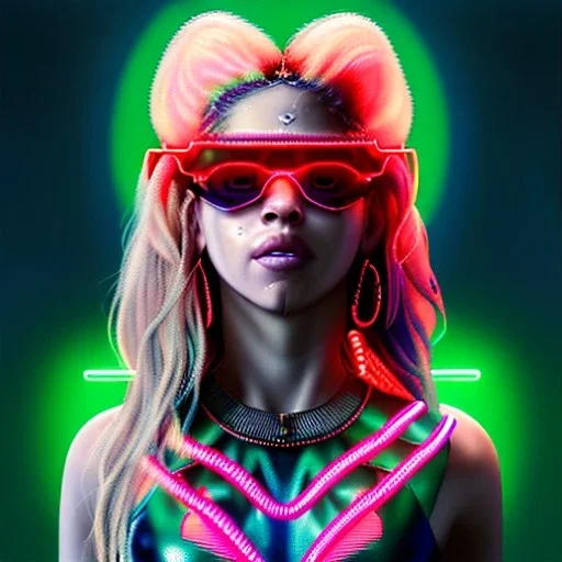 Shakira, artist, 30 years old, Realistic image, waist up portrait, etro style dress. Gucci sunglasses. Blonde, loose long hair, eyes make up, perfect, glow, circle iris. Neon colors, leds, geometric shapes. Dark background, neon lights. Cyberpunk, concept art, smooth, unreal engine 5, god lights, ray tracing, RTX, lumen lighting, ultra detail, volumetric lighting, 3d, finely drawn, high definition, 4k.