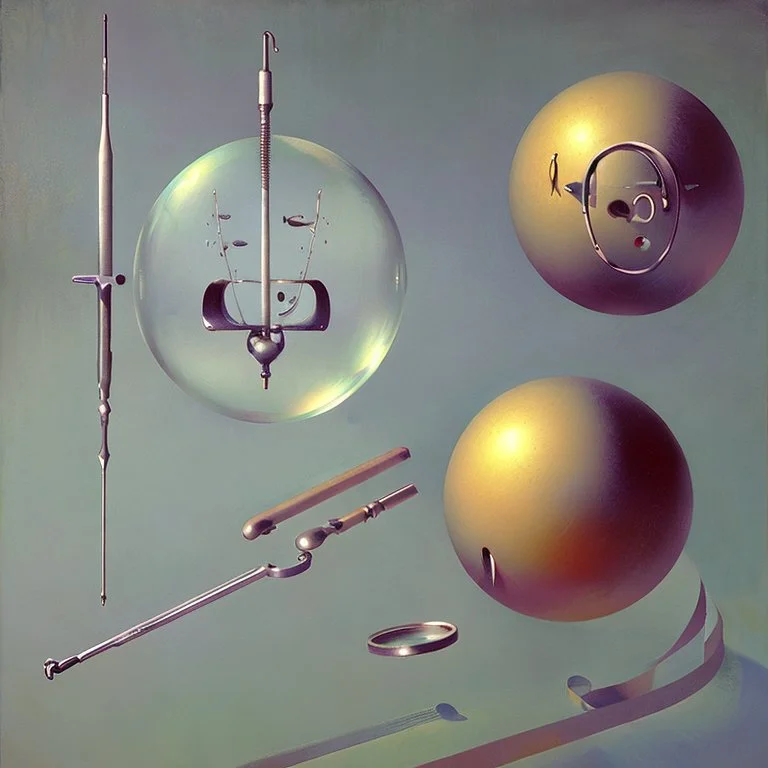 Soap Bubble including unverse-like complex surgical instruments mixed with musical instruments,Painting By Adrian Ghenie, Rene Magritte, Salvador Dali, Lucian Freud