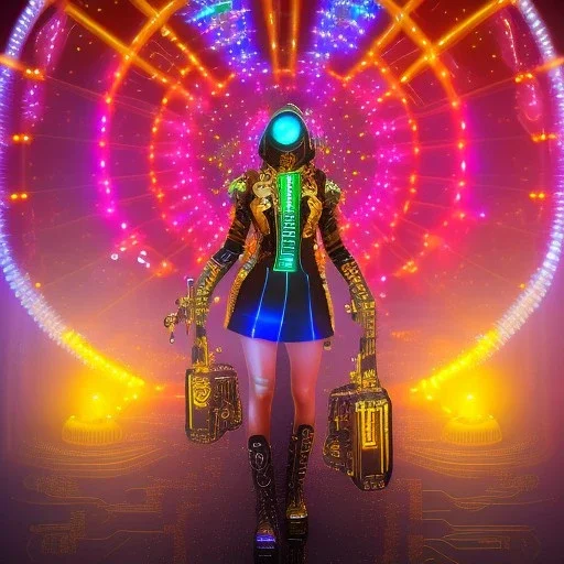 Sweet cyber beewoman, Rosalia artist, cold ambient, rain, fog, latex, cables, purpurin, black, gold, rings piercing, yellow, decorative color feathers, circuits, neon style, a lot of led lights, fog, rain, vibrant color, highly detailed, art stations, concept art