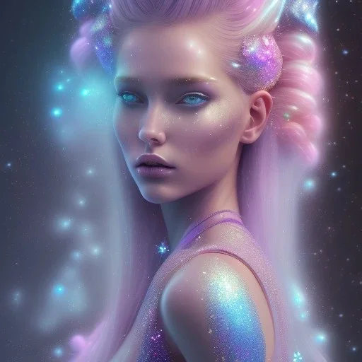 one big crystal glitter pink blue subtle galactic fairy in a galactic ambiance,glitter bikini, long blond hair down to the ground,transparent petals,blue eyes,delicate colors in the foreground, full of details, smooth，soft pink violet light atmosphere, light effect，vaporwave colorful, concept art, smooth, extremely sharp detail, finely tuned detail, ultra high definition, 8 k, unreal engine 5, ultra sharp focus