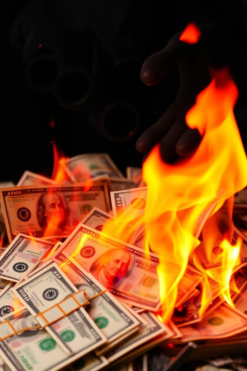 A lot of 100 dollars bills are burning