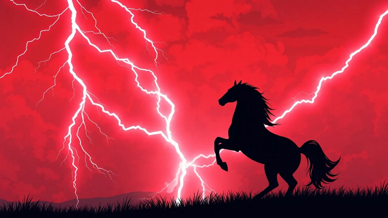 silhouetted horse rearing up(on right, facing left, outlined by lightning), red cloudy sky, lightning bolts(from top left, to bottom right), fantastic illustration