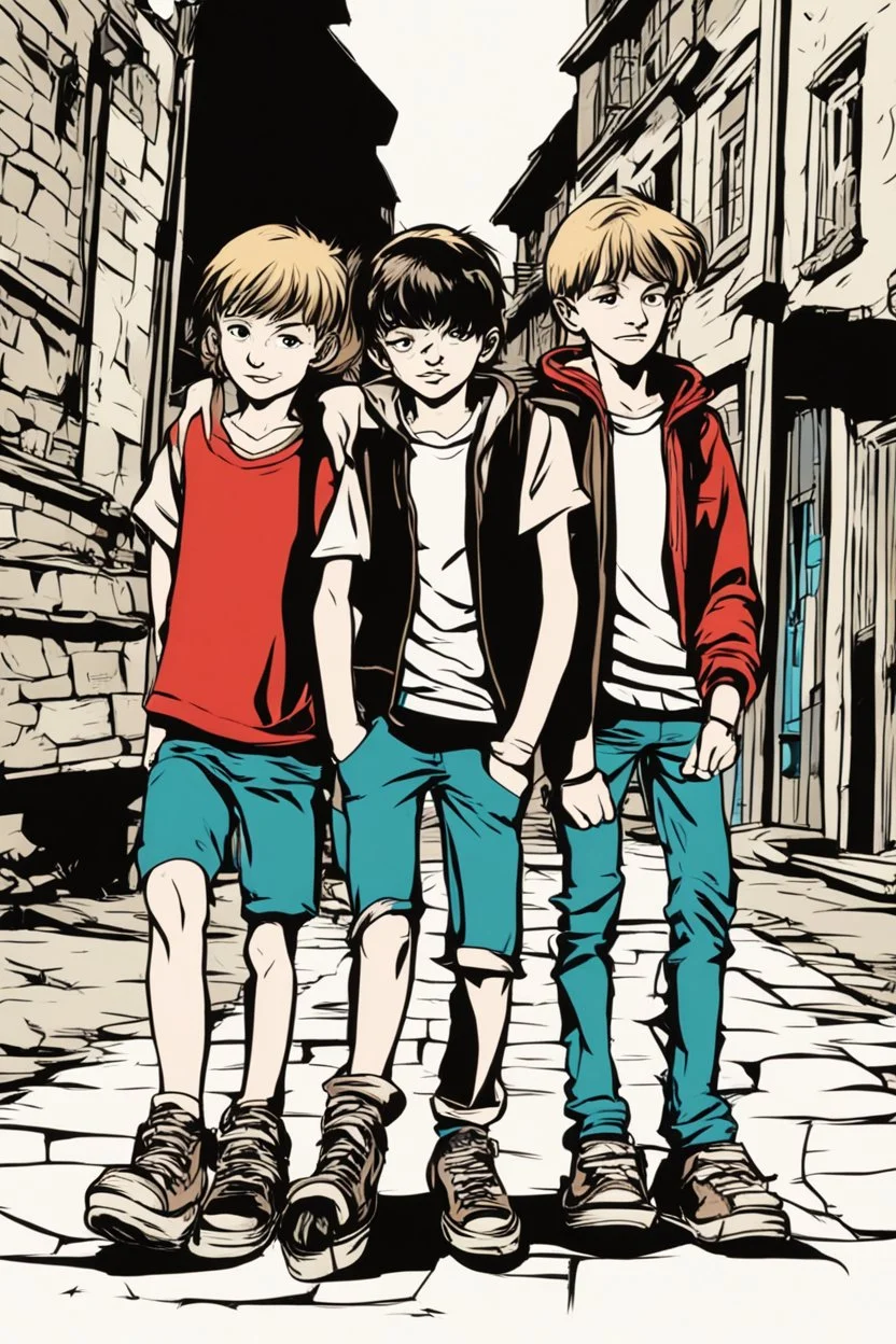 three teenage street children two boys and one girl in book-cover poses on the screen of an old town, comic style