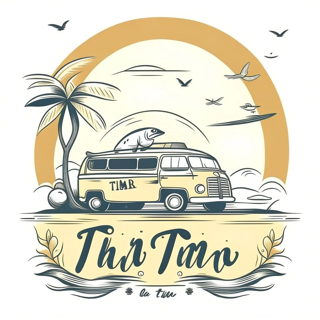 A retro camper van parked by the ocean, nostalgic, carefree, golden hour lighting, T-shirt design graphic, vector, contour, white background. WITH A FISH BEHIND IT AND WORDS\"Summer is a time to relax \"IN WHIT LET-TERS.THE BACK