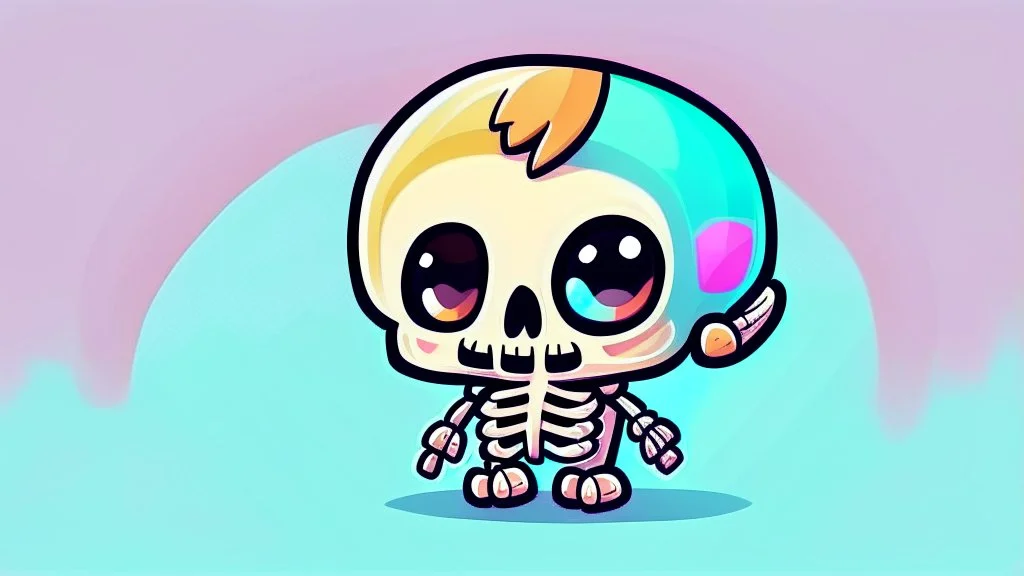 Cute chibi-style bony skeleton, cartoony, colorful, exaggerated, simplified, adorable