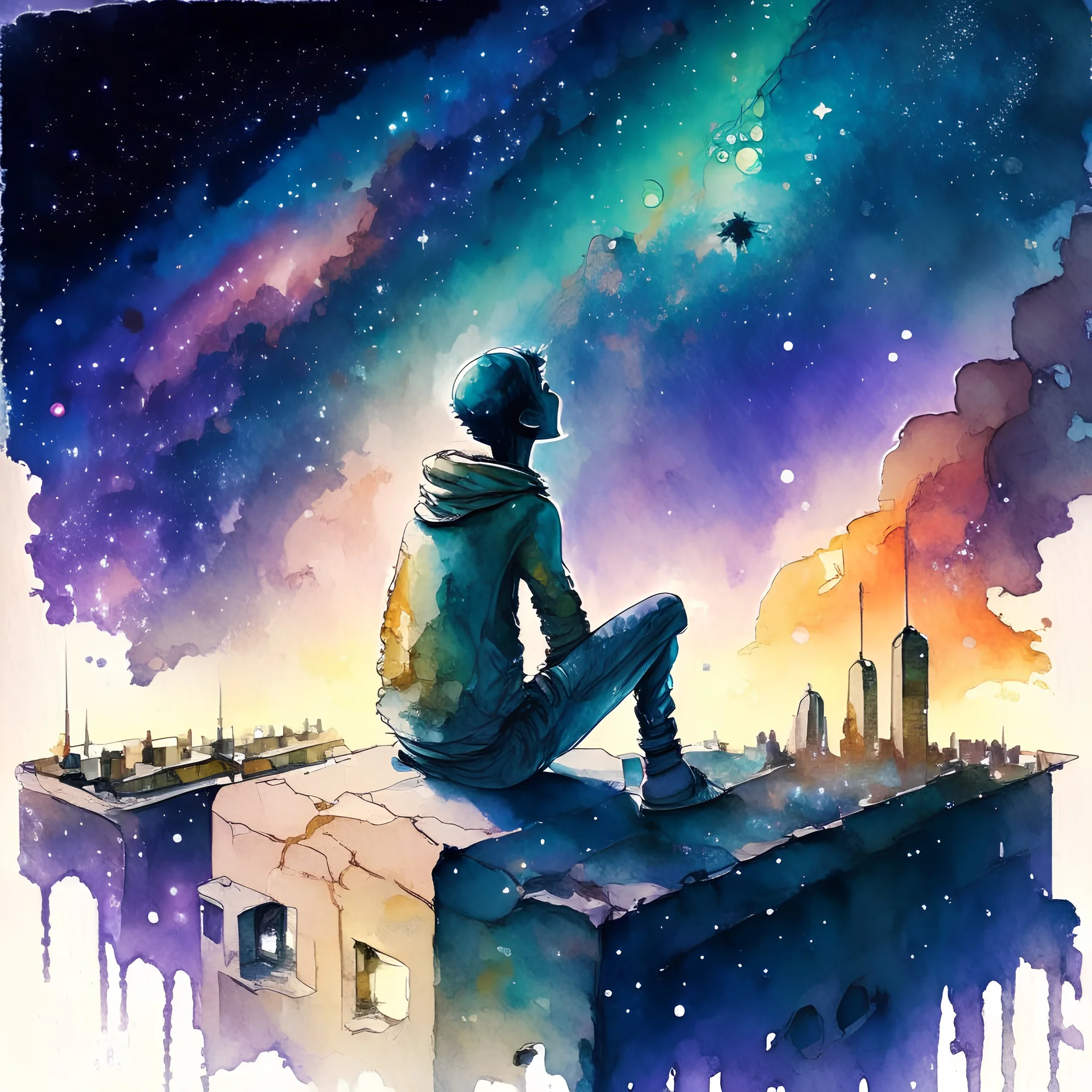 A watercolour painting,A drug-addicted person sits on a rooftop, gazing at the stars, while their mind envisions a meeting with benevolent aliens who share profound wisdom and advanced technology, offering a glimpse of a utopian intergalactic civilization.