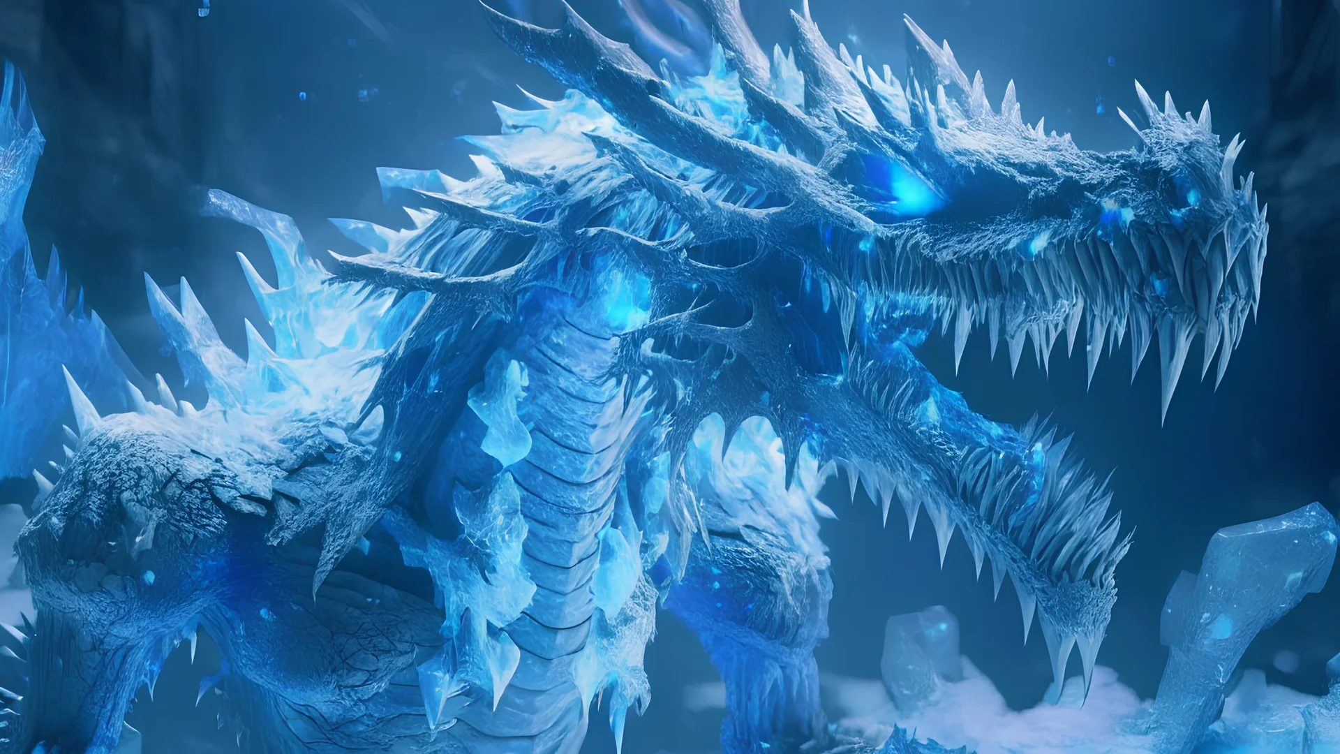 Giant horrific zombie dragon made of bones and ice, covered with glowing blue slime, photorealistic, unreal engine 5, masterpiece, trending on artstation