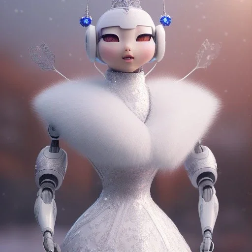 smooth hyper realistic, beautiful Japanese snow bird robot in crown, pale colors, dark cosmos background, extremely sharp detail, finely tuned detail, ultra high definition, 8 k, unreal engine 5, ultra sharp focus, accurate sword wings, positive smile, lot of details, fit within portrait, Ambiance winter, perfect composition, perfect hair, perfect hands, finger up gestures