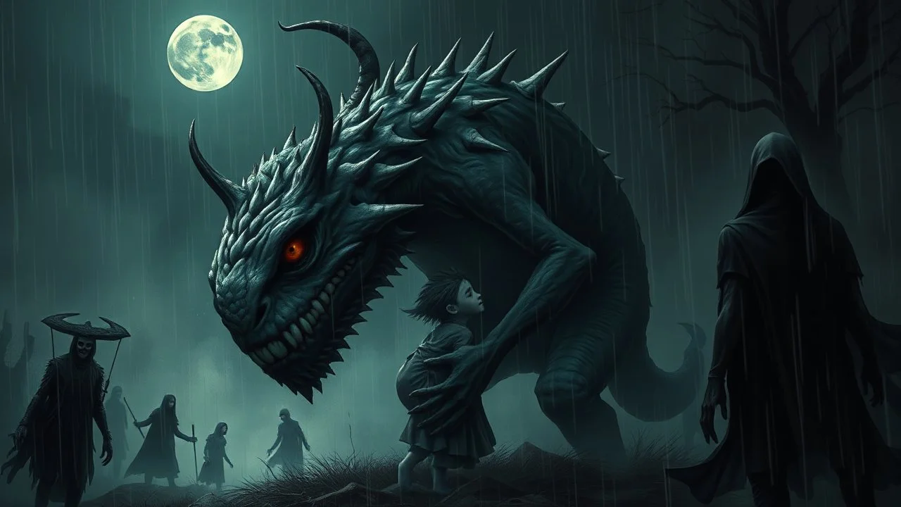 gentle, protective monster protects and hugs the alone sad child against bad high dark evil people, random background random, deep dark color, , moon, mist, rain, highly detailed, weird , surreal dark fantasy mood