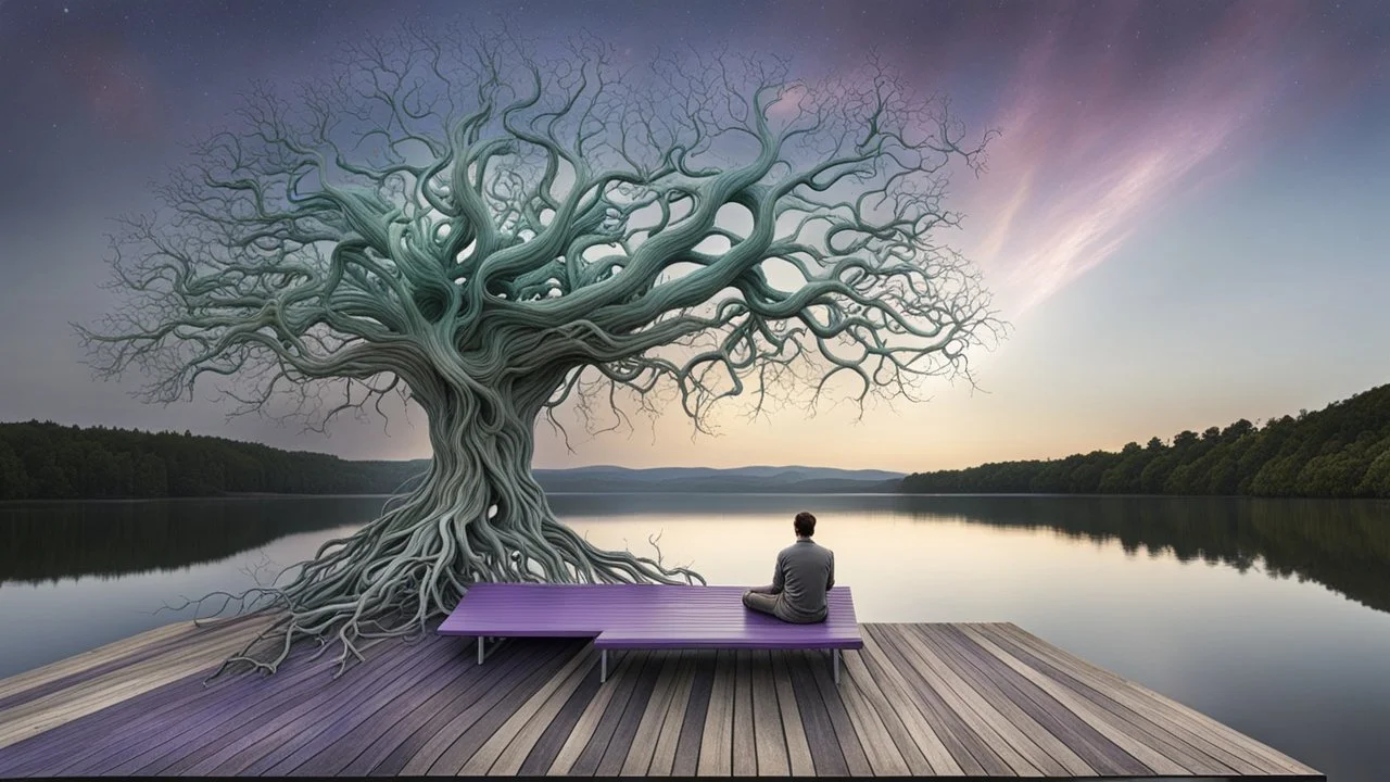 back to the camera a figure sittings on amorph bench in a beautiful landscape and overlooking the water of the nearby lake, calm, harmonious atmosphere, muted dark colors, purple, white, gray, green, blue, brown, silver, and pale colors, ,not too colorful colors, Whimsical style and giant stunning neuron network all over the sky, half shadow and half light picture, surreal stunning vibe