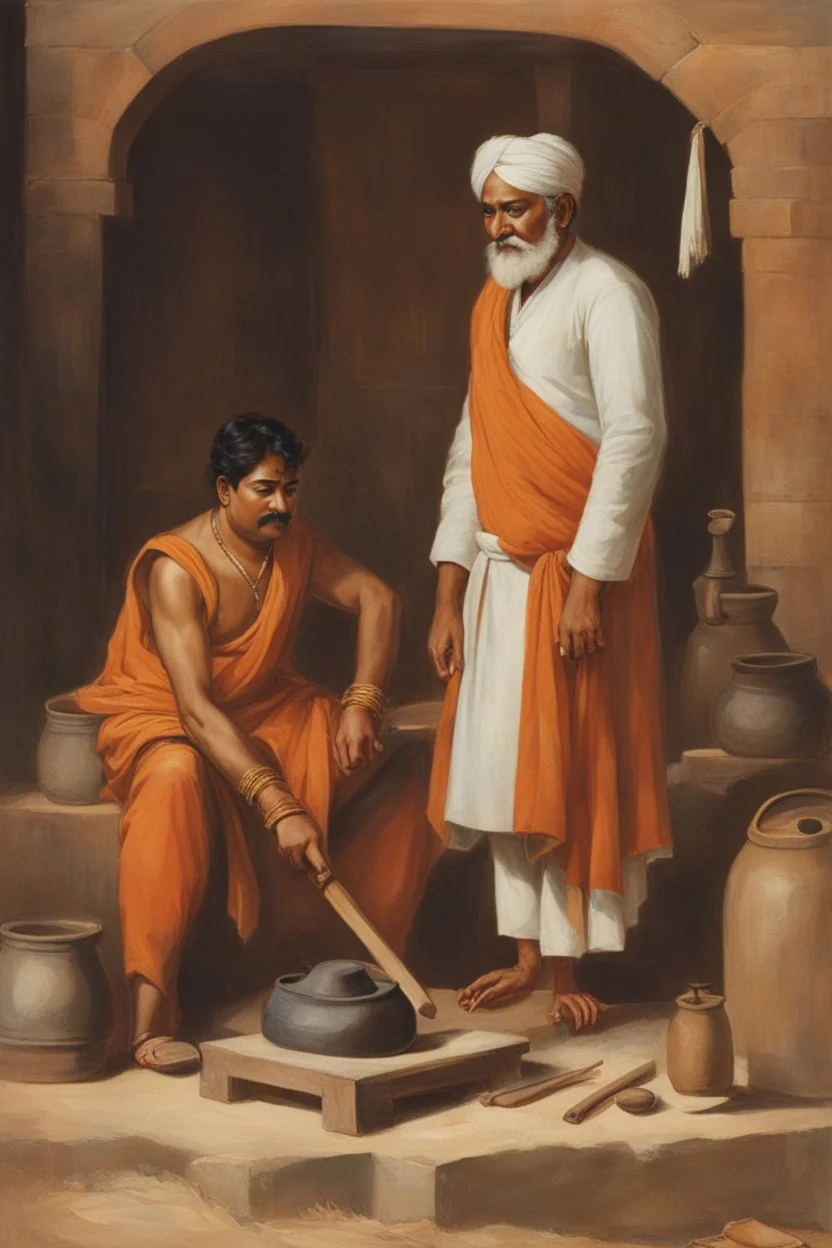 A Indian blacksmith seat on ground and work something with a Indian king standing in front of him and a bag of sandalwood on one side, the king pointing towards the Bag.