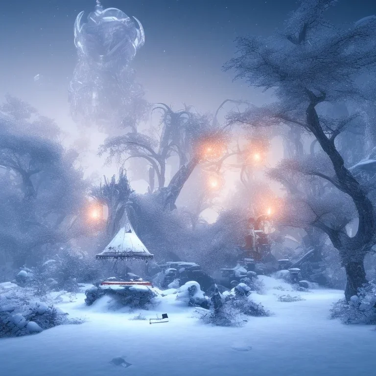 winter landscape, bells, ice, dreamy, science fiction