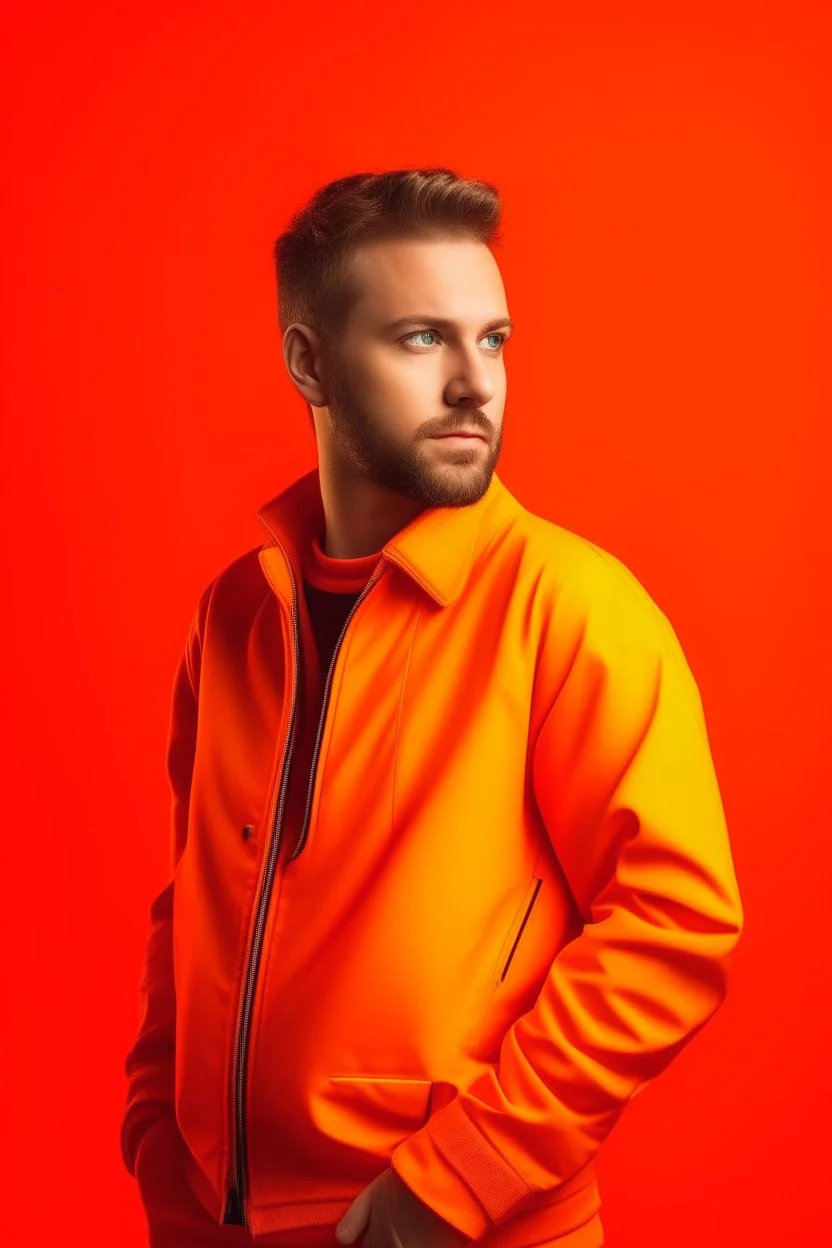 high quality photography 30 year old handsome developer man, stock photo premium, epic view, bright background, low-angle shot, closeup. tennis jacket, orange background.