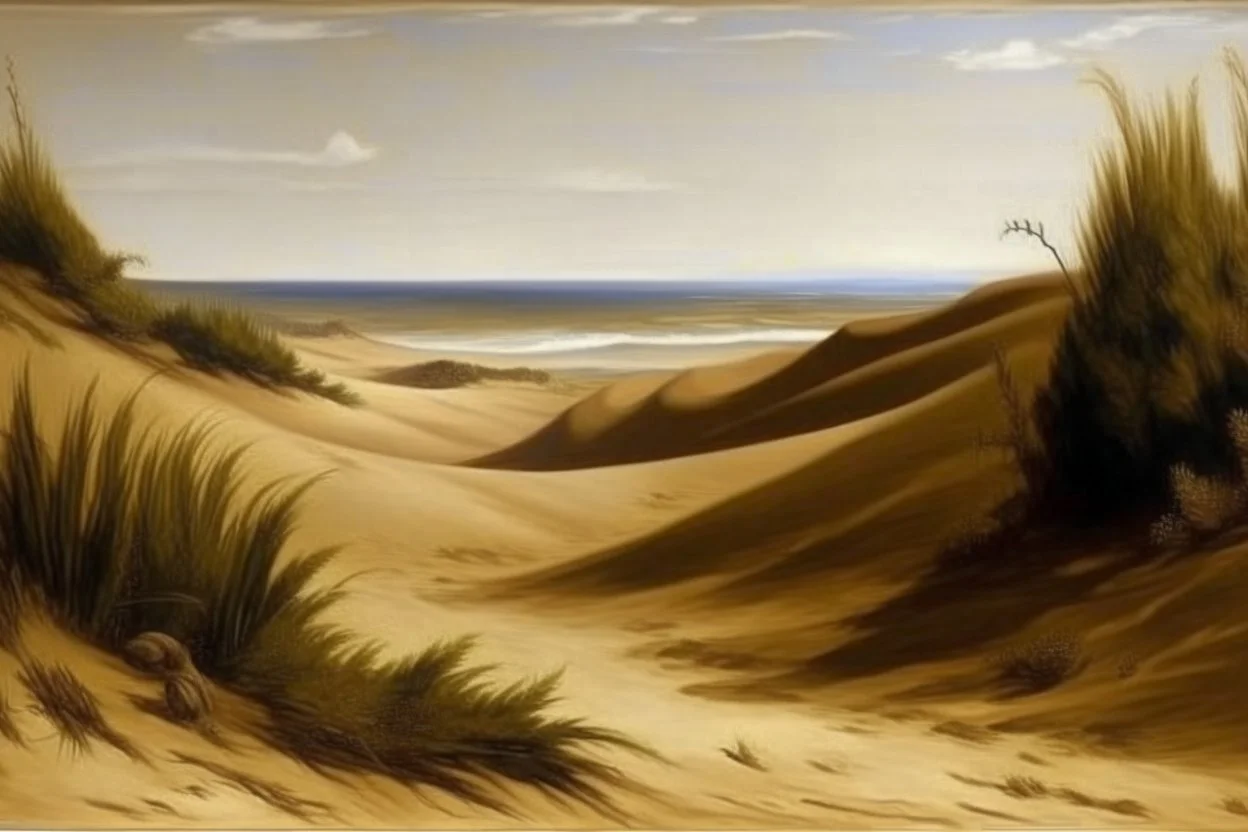 Brown sandy dunes near a beach painted by Leonardo da Vinci