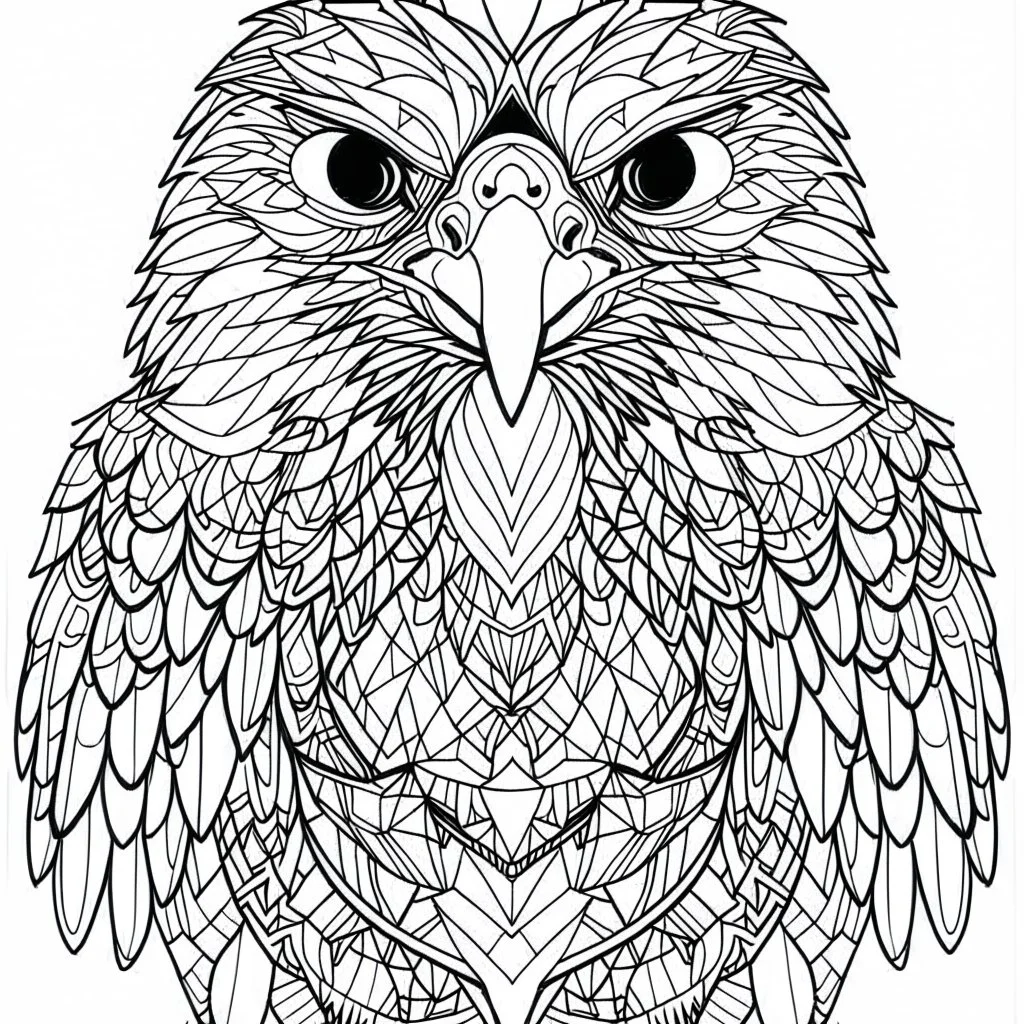 Hawk, front view, mandala, minimal lines, cartoon, white back ground color, real style, realistic, minimalistic, minimal black line art, line art, crisp line art, unique coloring sheet, outlined, outline, crisp, crisp line edges, illustration, thin lines, crisp clear lines, line art, clean line art, unique, 8k, amazing, masterpiece, no colors, no dark color, no black color, avoid thick black, minimalistic line edges, pure white back ground, image character full fit to page,