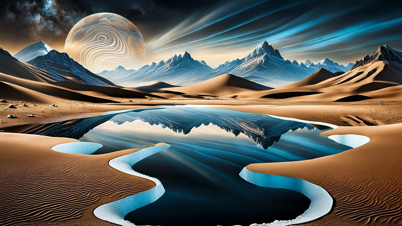 Abstract Landscape with surreal iced desert, mountains, iced water, reflections, sharp lights and shadows . The scene features circles, lines and ovals, all enhanced by overlapping, adding depth and dimension. In the scene old bones lying in sand in the right side. The sky is dramatic, filled with swirling dark clouds , creating an intense atmosphere. The color palette consists of rich, deep hues, watercolor and dark ink, like a dark dream