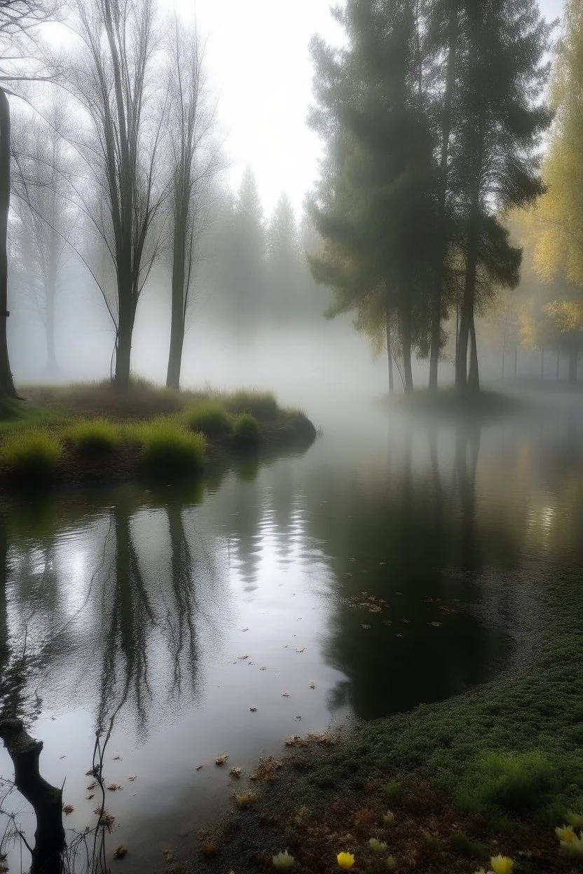 Circle pond, soft fog, with light breaking through, tall white birch trees, and a stone path flanking both sides of the pond going up to a gazebo
