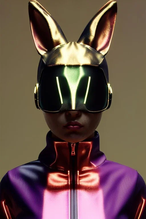 Medium Close Up Portrait, Front image. cyberpunk, rabbit mask, Asian woman, pink hair. latex tracksuit. Red, black, gold, color. Dior style. Color background, photo studio. Avatar image, highly detailed, concept art, smooth, unreal engine 5, god rays, ray tracing, RTX, lumen lighting, ultra detail, volumetric lighting, 3d, finely drawn, high definition, high resolution.