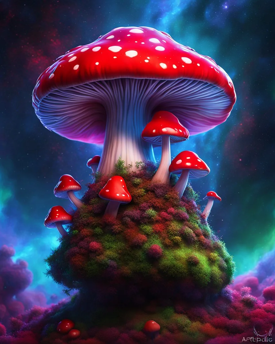 A lonely floating island mushroom house in space. red green blue, deep space nebulas. Detailed gloss Painting, bright color, fantastical, intricate detail, splash screen, hyperdetailed, insane depth, concept art, 8k resolution, trending on Artstation, Unreal Engine 5, color depth, backlit, splash art, dramatic, High Quality Whimsical Fun Imaginative, good composition