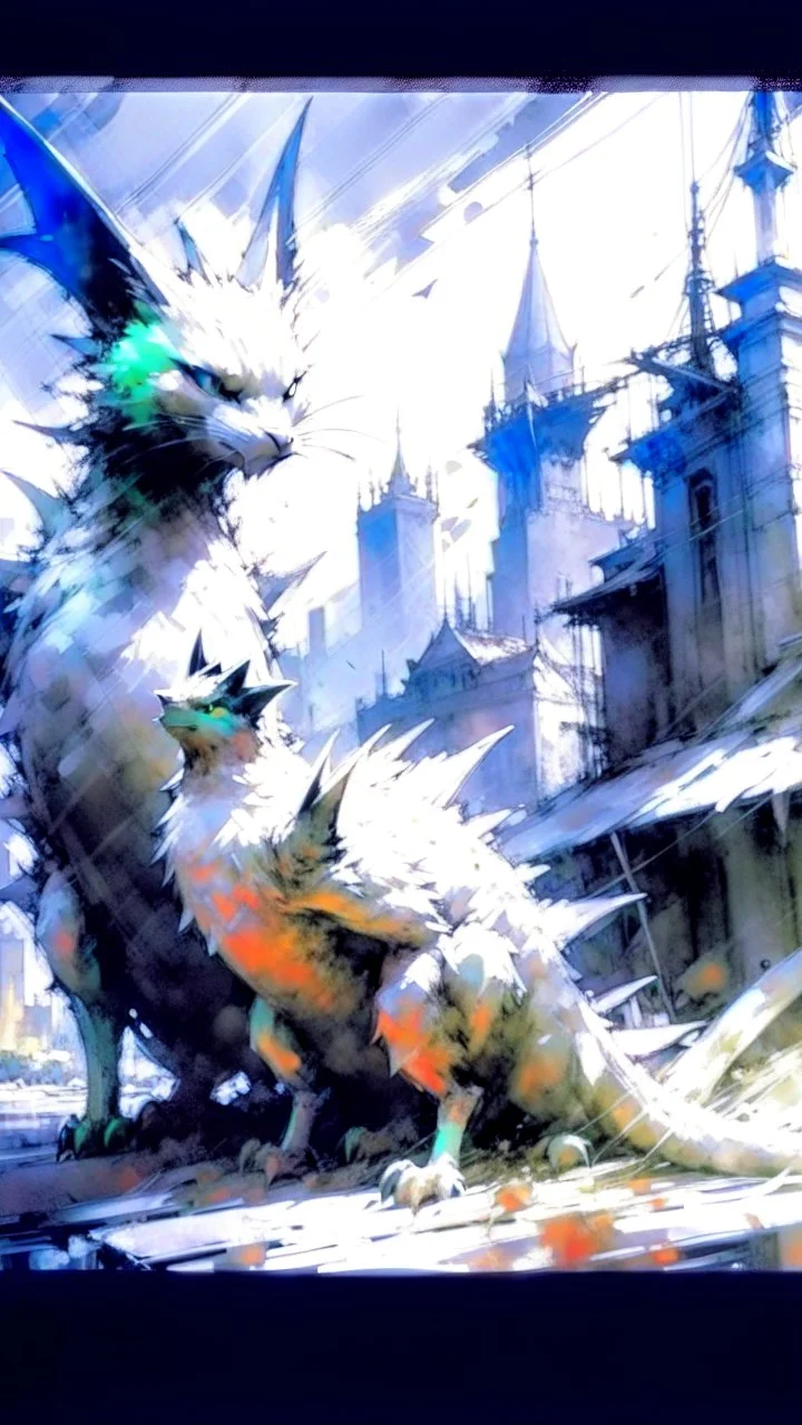 sketch-style painting high quality of a dragon art by Yoji Shinkawa and Valeria Burzo large bats in the background destroyed city budlings babies' in heaven