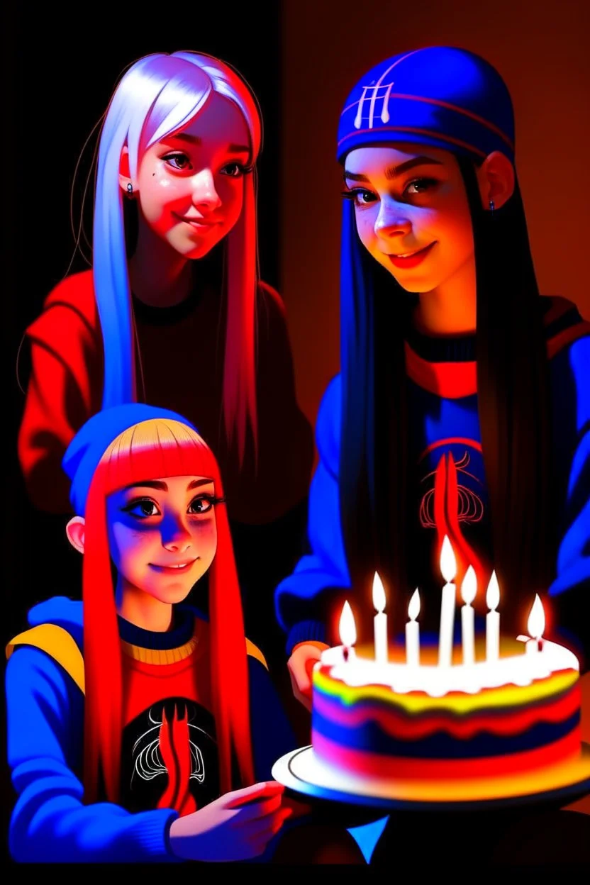 spiderman into the spider verse tarzı 17 yazan mum ile doğum günü kutlayan 2 kız birinin saçı kısa karakterlerin görüneceği kadar aydınlık soldaki kızın saçı daha kısa yüz ifadeleri değişsin çizgi roman tarzı gölgelendirme yüz ifadeleri değişsin