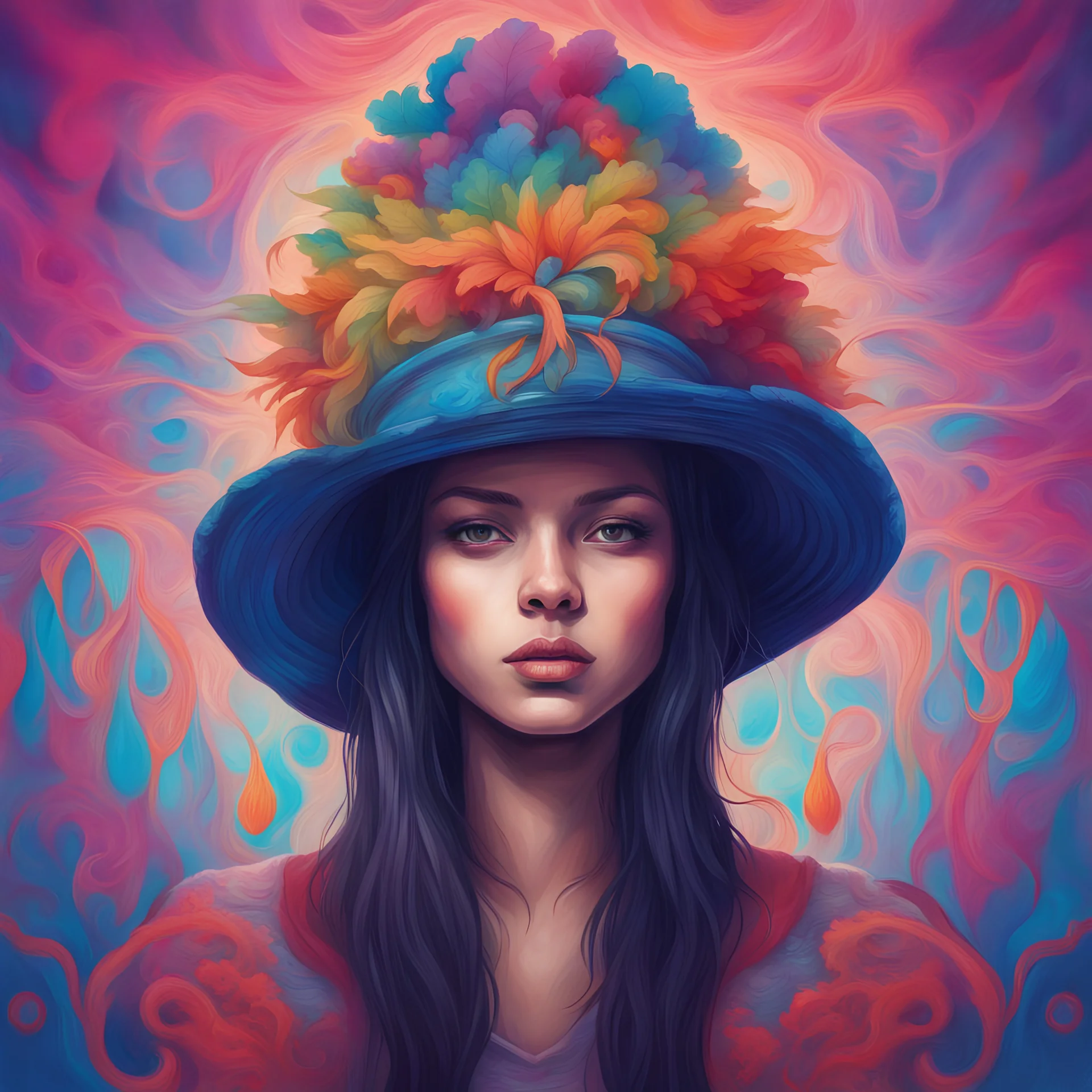 Here's the vibrant and colorful portrait of a emotionel being wearing a hat, set against a fantasy-style background.