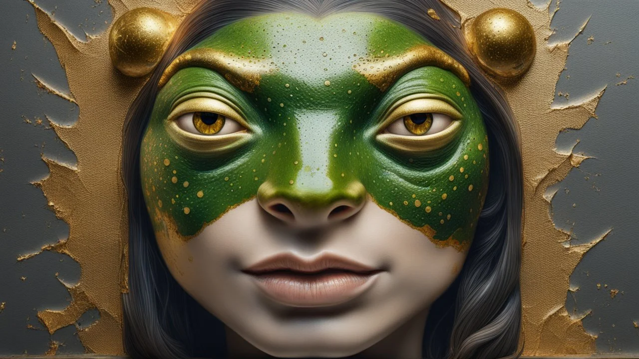 Portrait of a beautiful glamorous frog woman, textured and cracked paintings with golden spots, 3D, 8K, best quality, fine drawing, high detail, hyperrealism, high resolution, high definition, multi-layered, highest focus, hyper sharpness, hyperfocus, vignette