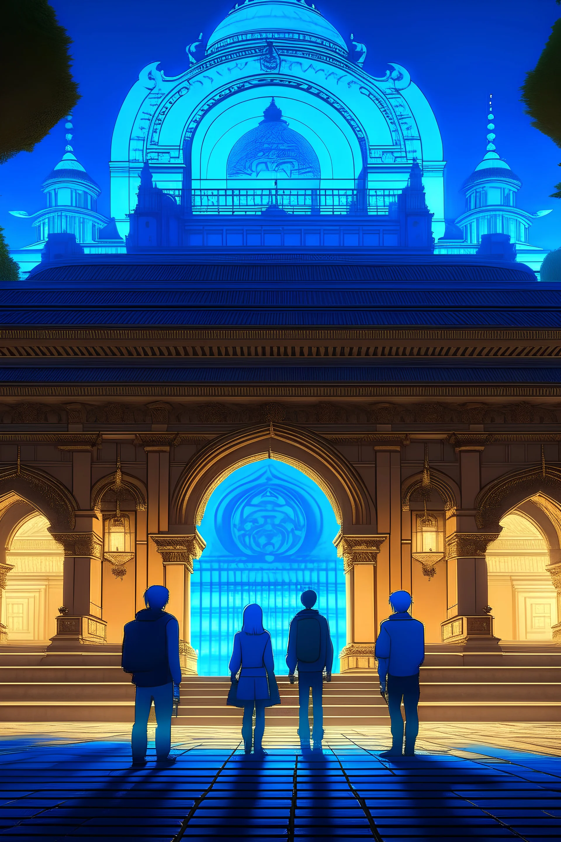 A person kneeling in front of a palace, a time gate above the palace, four people inside the time gates, blue light.