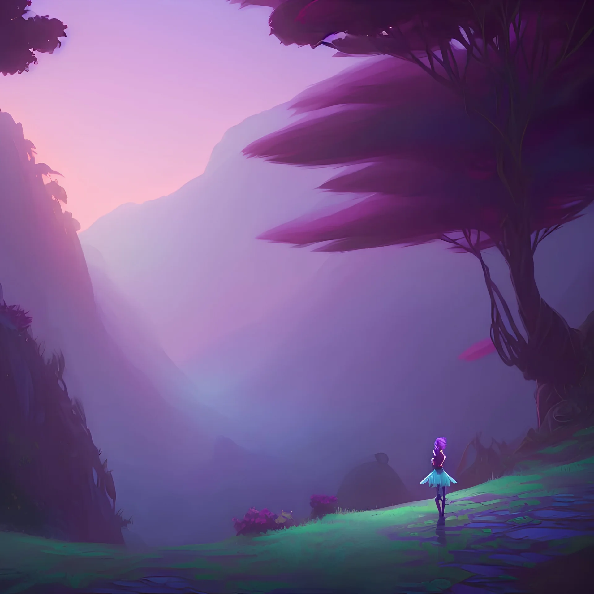 blue ridge mountains environment, fairy novel character, vibrant colors in the style of little african princess, circle shaped format with floral boarder, colorful volumetric reflective lighting effects, beautiful spirit ultra detailed, Intricate concept character design is walking through the dark forest woods