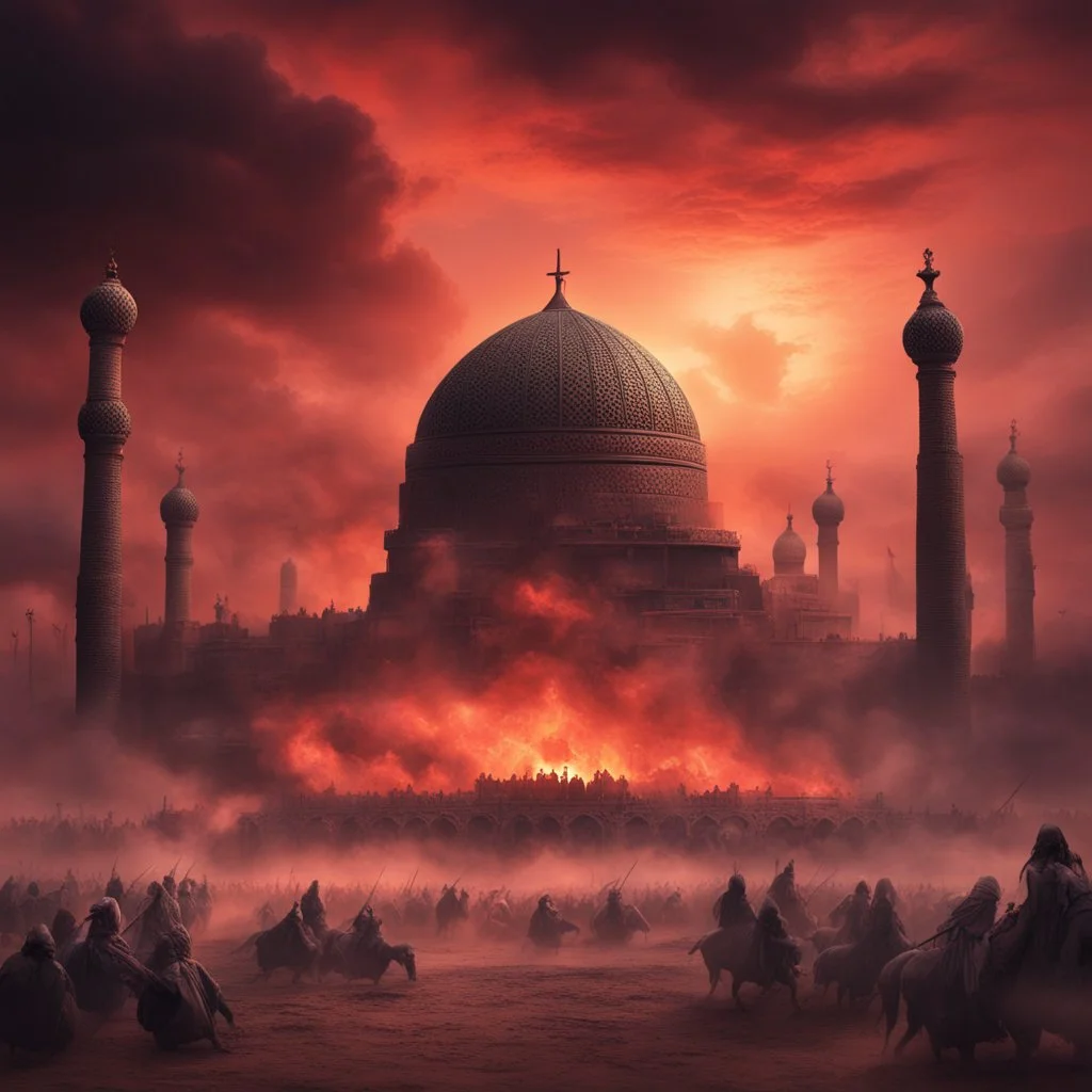 Hyper Realistic Karbala Prehistoric War Background at red cloudy sunset