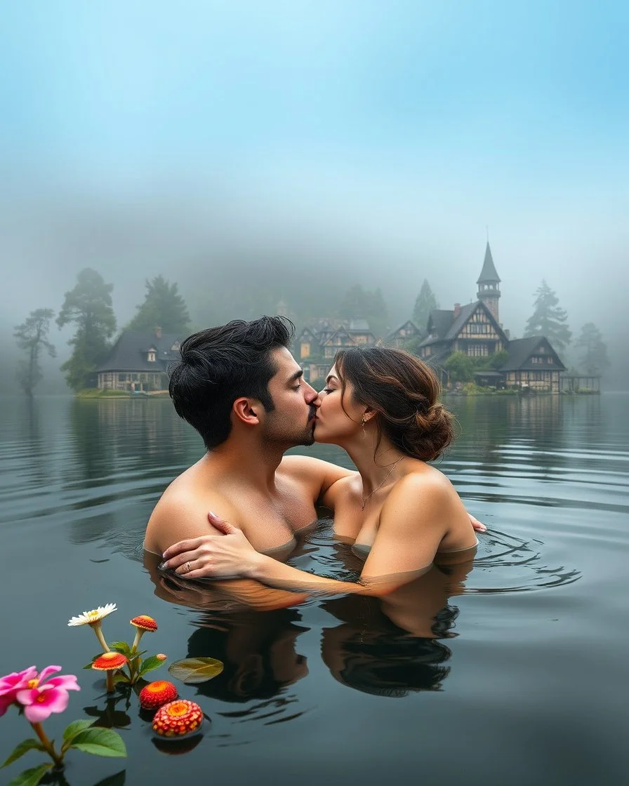 Portrait Romantic European couple swimming kissing together in lake Wonderful landscape fantasy early morning heavy fog photography art Rivendell village,lake,magical forest and houses,beautiful mushrooms,roses flowers,little waterfall,lake,close up photo beautiful romance couples on swimming together in lake