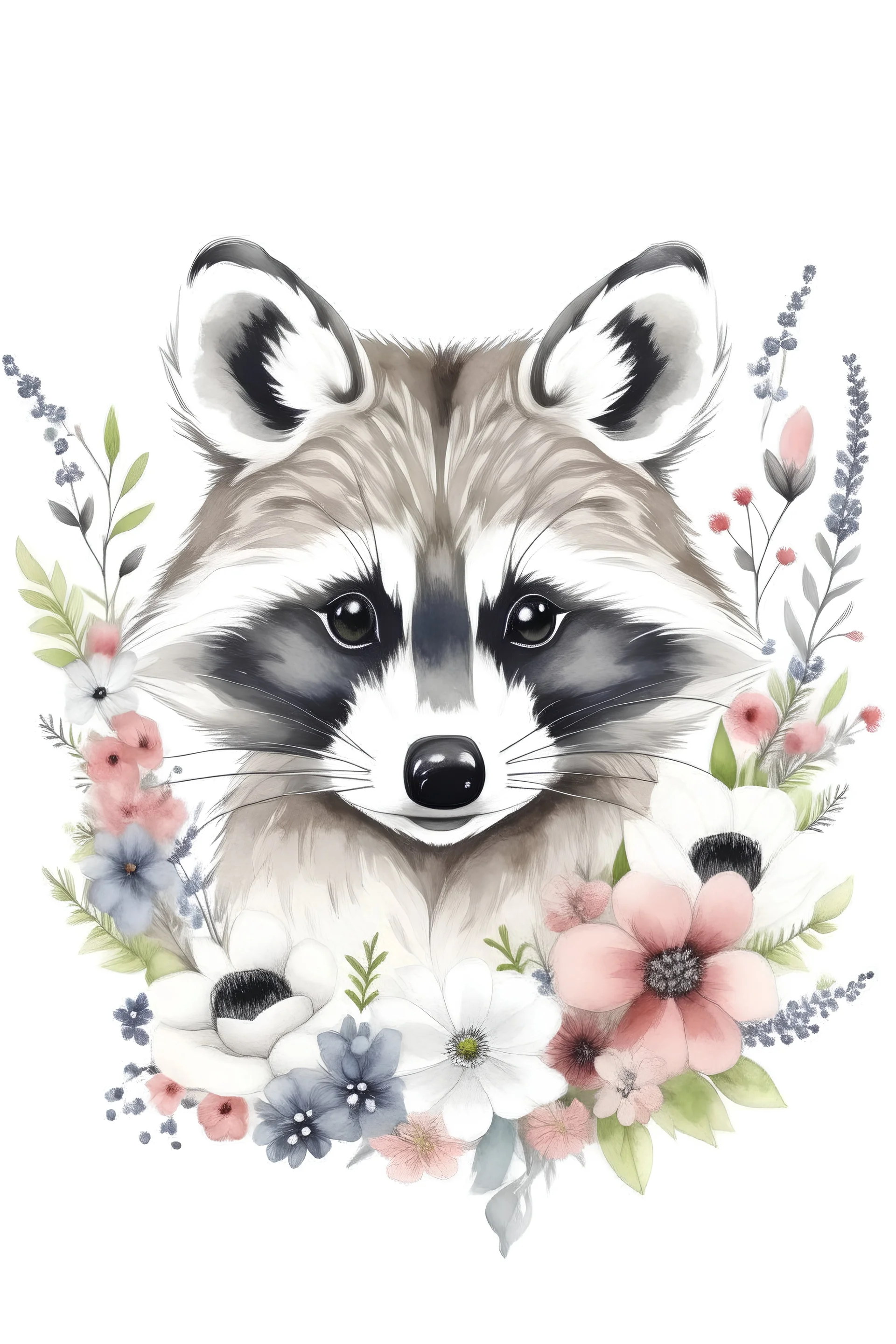 Typography portrait of a raccoon with flowers around her on a white background.