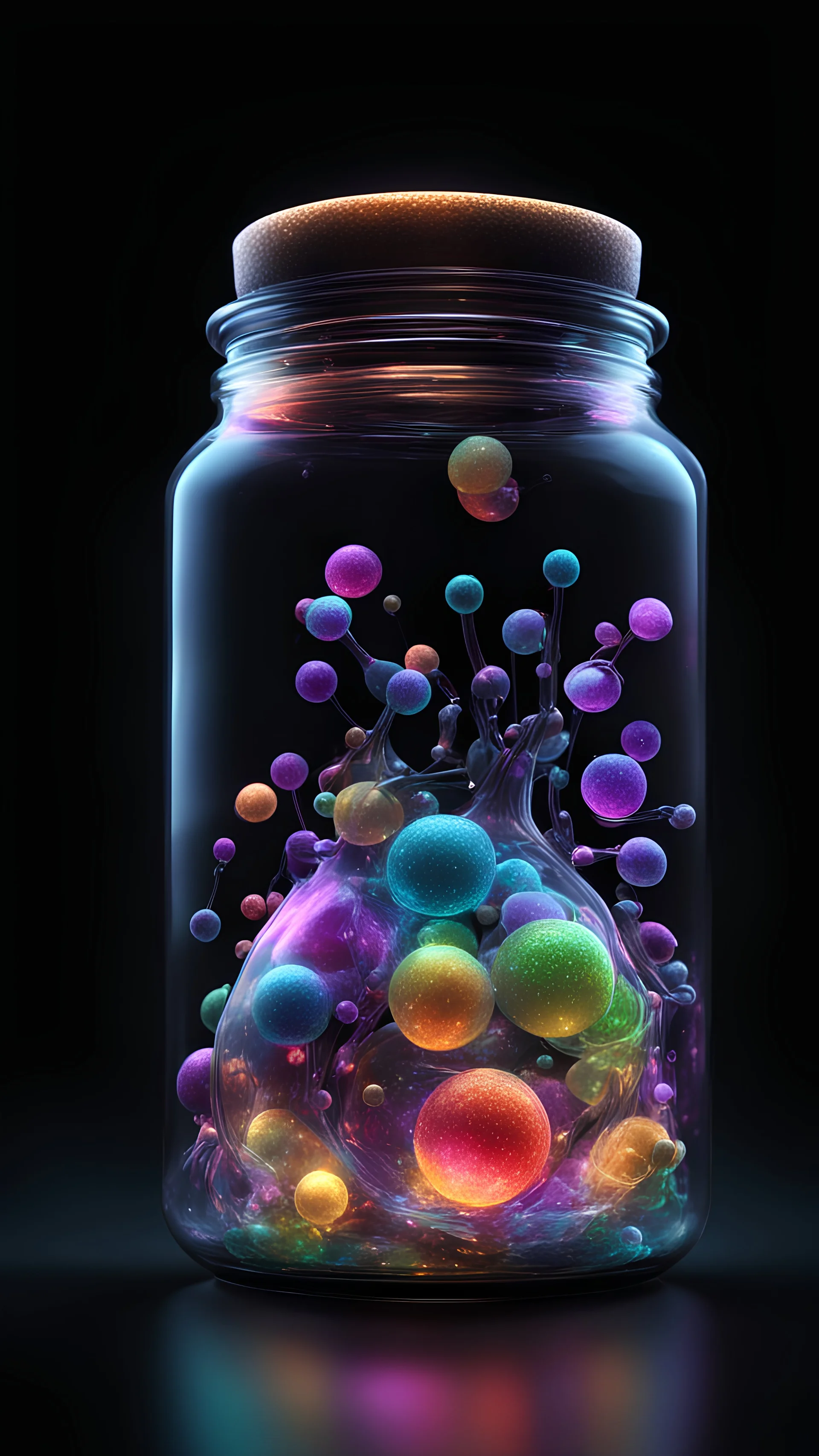 A marvelous elfic in a jar.molecular vibrant. Photography. Realistic photo. HD. Glowing. Black background.3d style. Mystical.