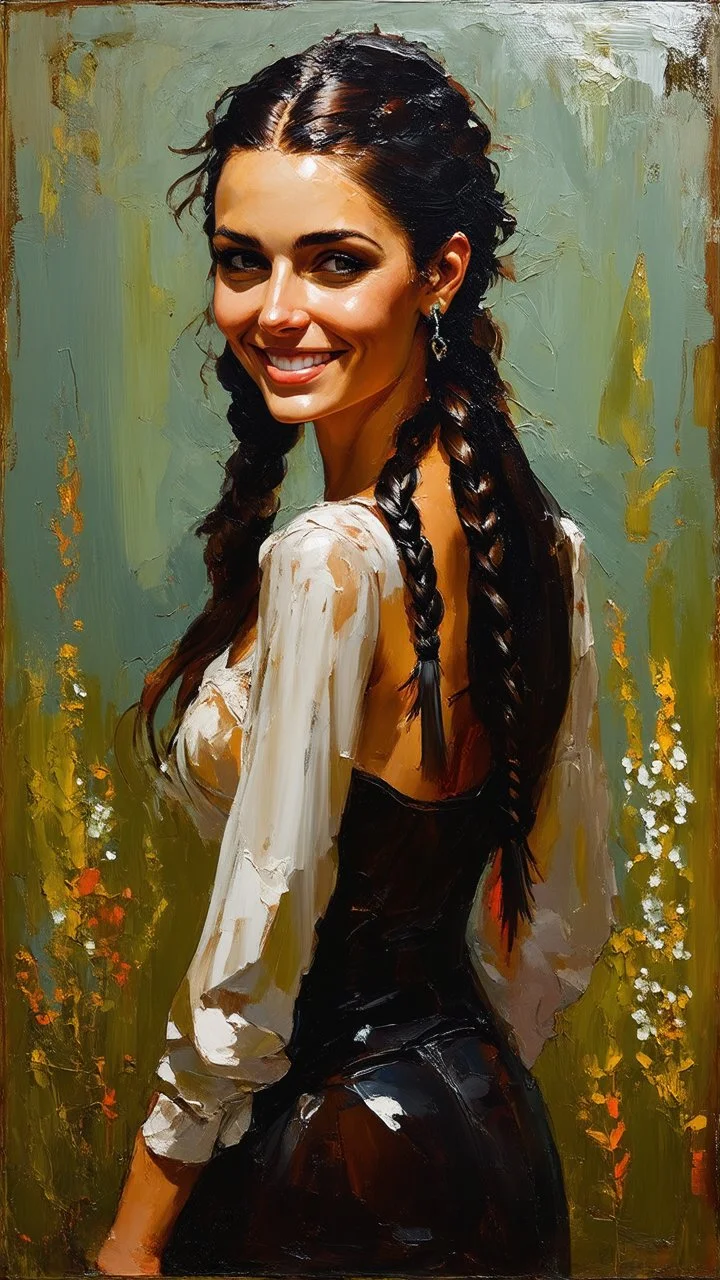 highly detailed, full body oil painting, petite, shyly smiling, woman of Spanish and Lebanese heritage with long dark hair in a single braid, sharply defined angular facial features, anatomic perfection, by Andrea Kowch> <Yoji Shinkawa><Arthur Rackham> <Jean-Giraud Moebius, saturated vibrant natural color tones, precisely drawn and inked, 8k resolution