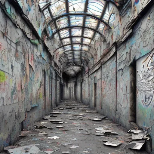 A long straight path that is grey and covered with graffiti and broken pieces