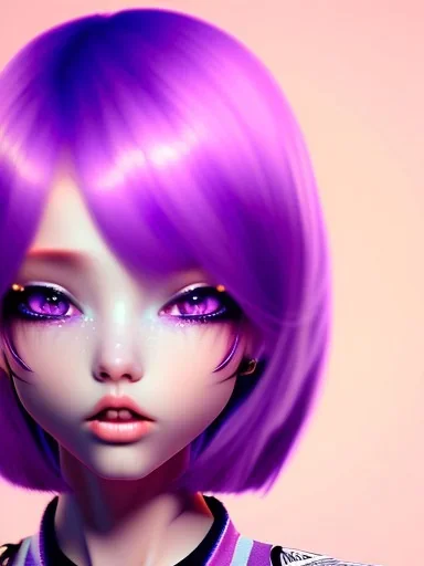 kawaii girl, purple hair, cute, semirealistic